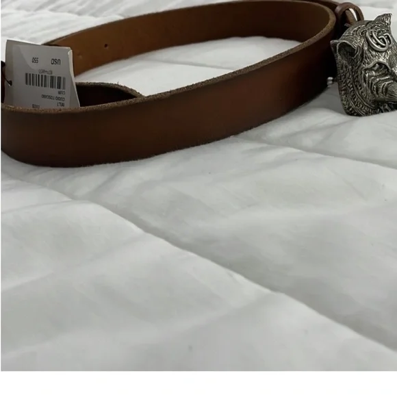 New Gucci Brown Leather Belt with silver Tiger Head Buckle - Picture 3 of 11